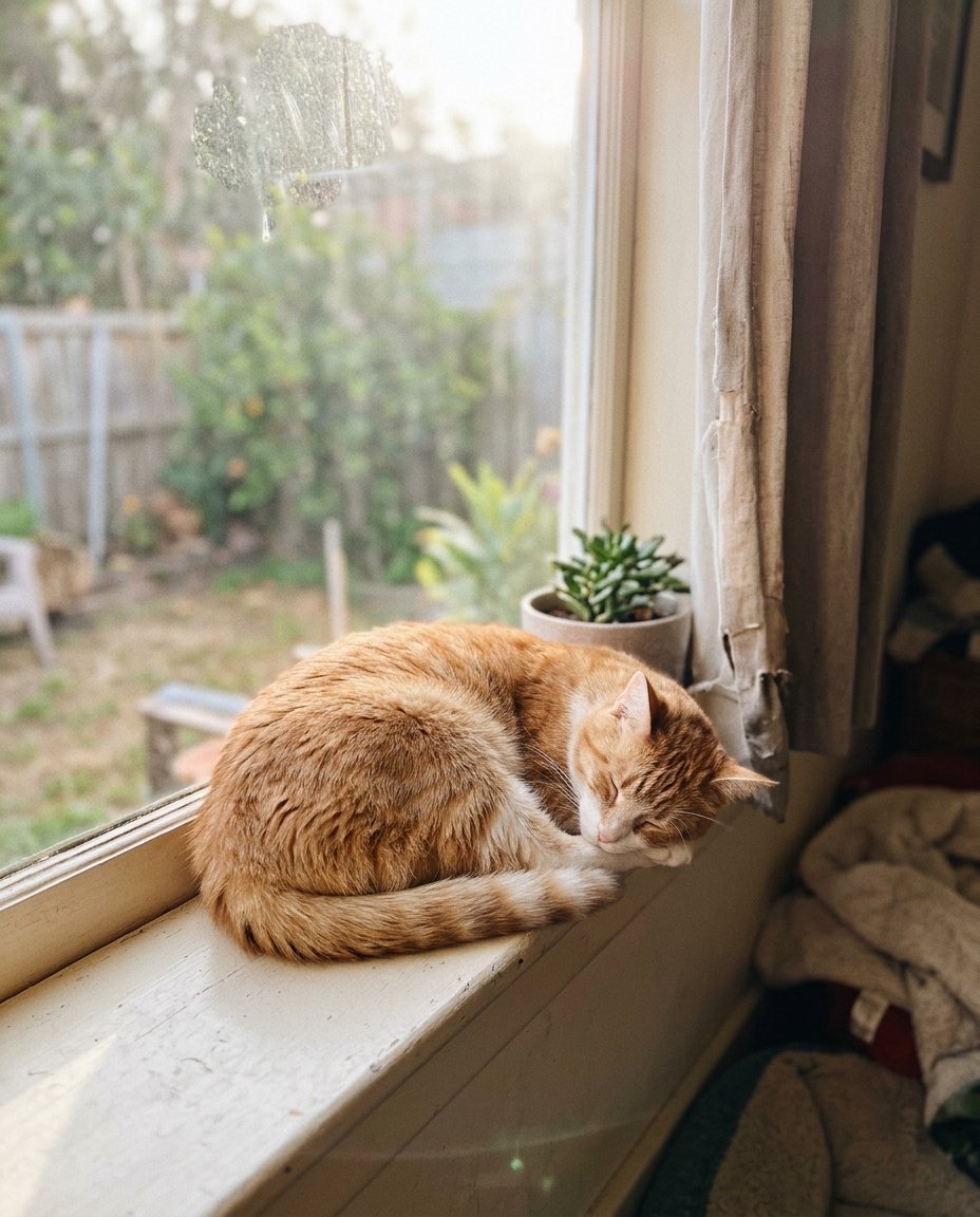 A ginger cat napping on a sunny windowsill