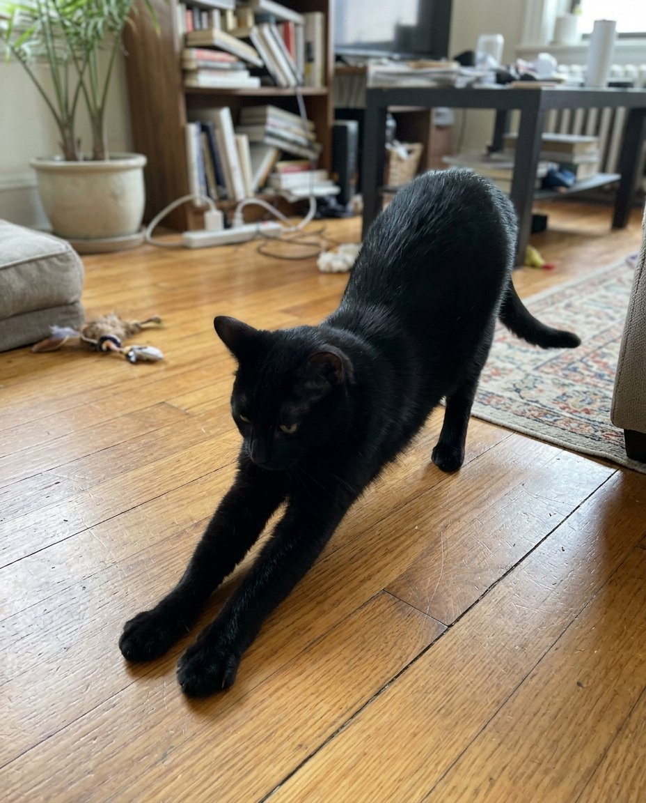 A black cat mid-stretch on a wood floor