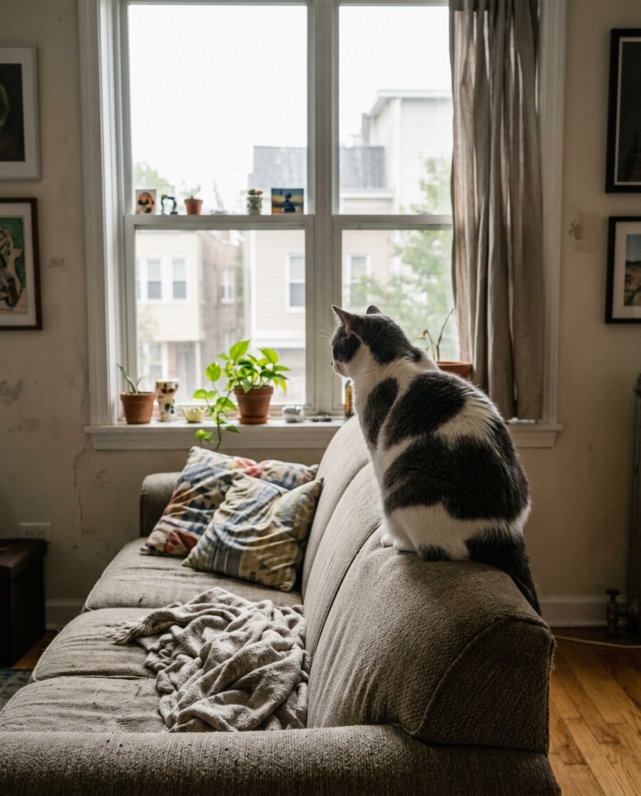 A grey and white cat watching out a window