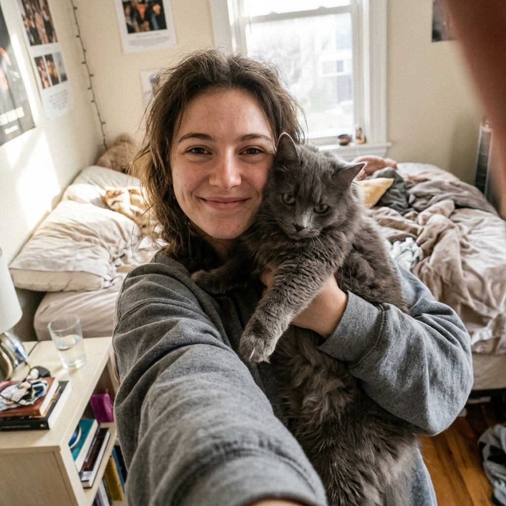 A person holding their grey cat up for a selfie