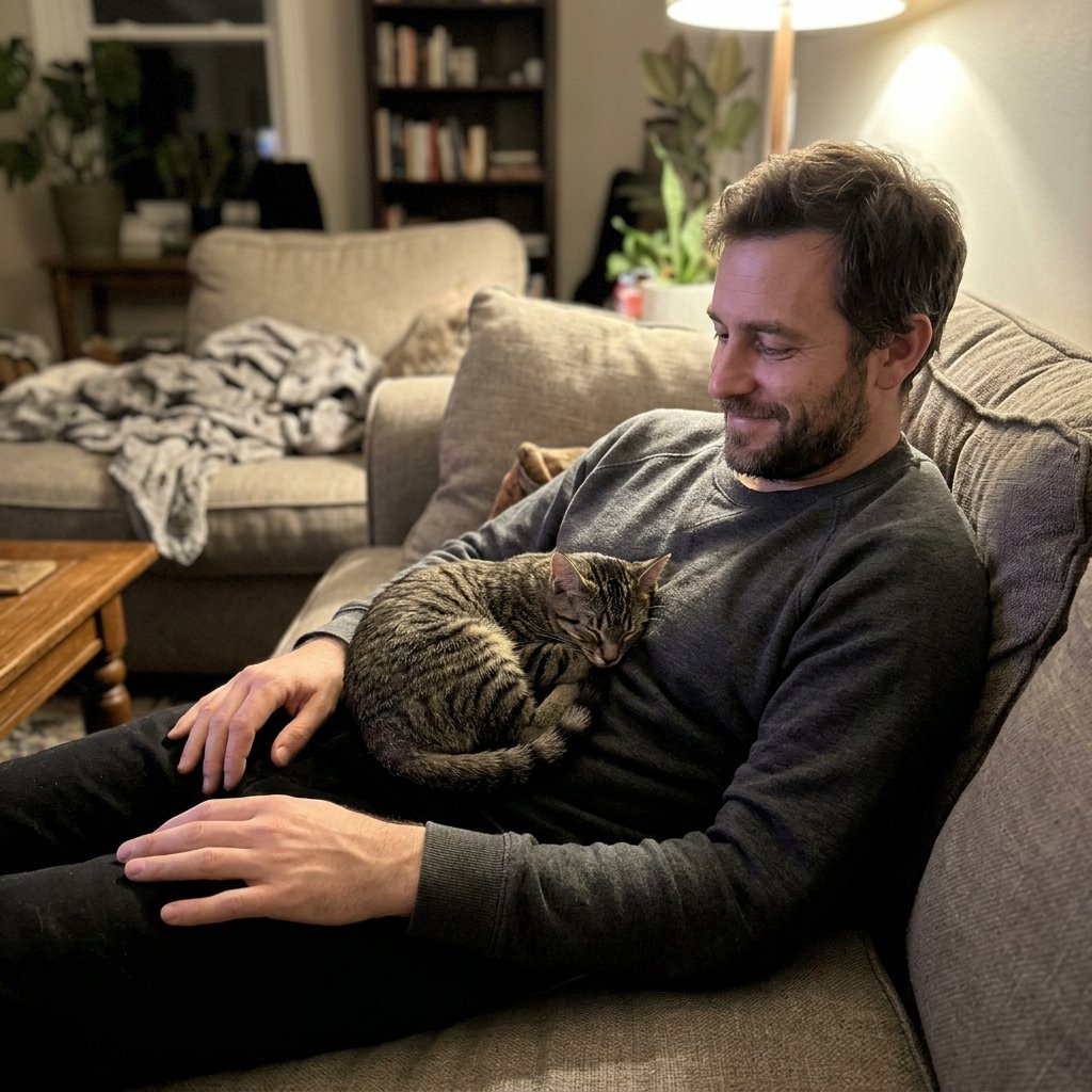 A man with a cat asleep on his lap
