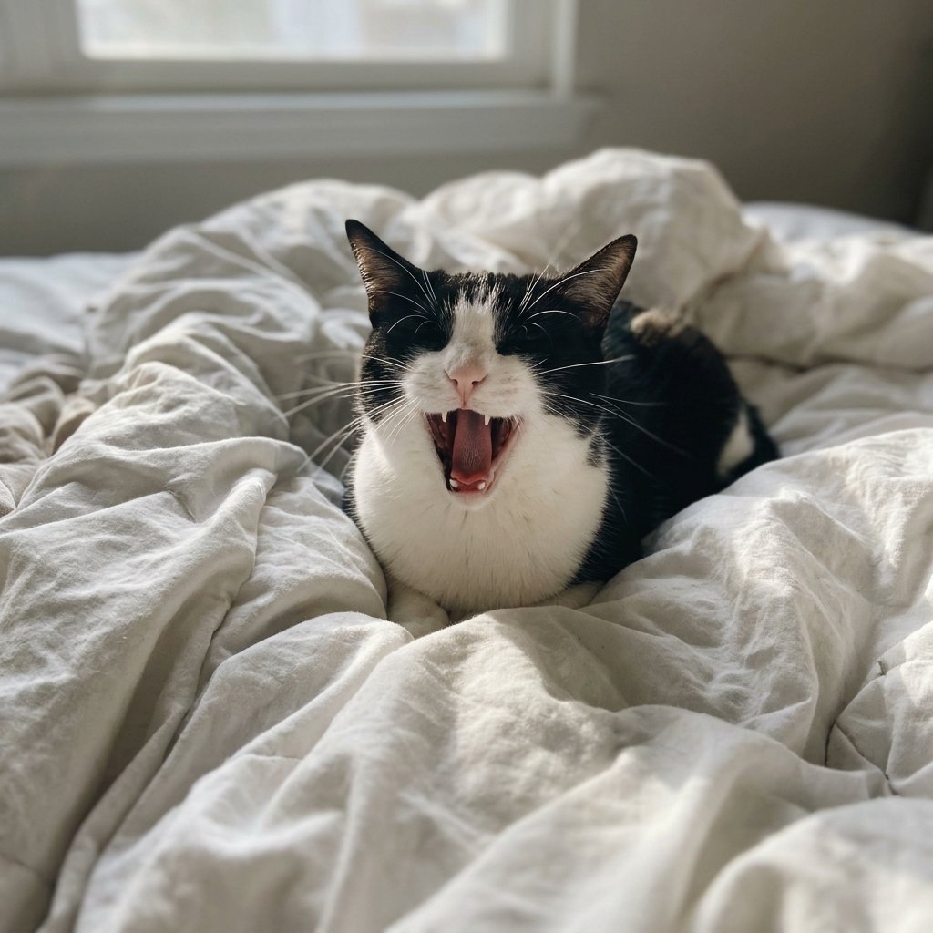 A tuxedo cat mid-yawn on a bed